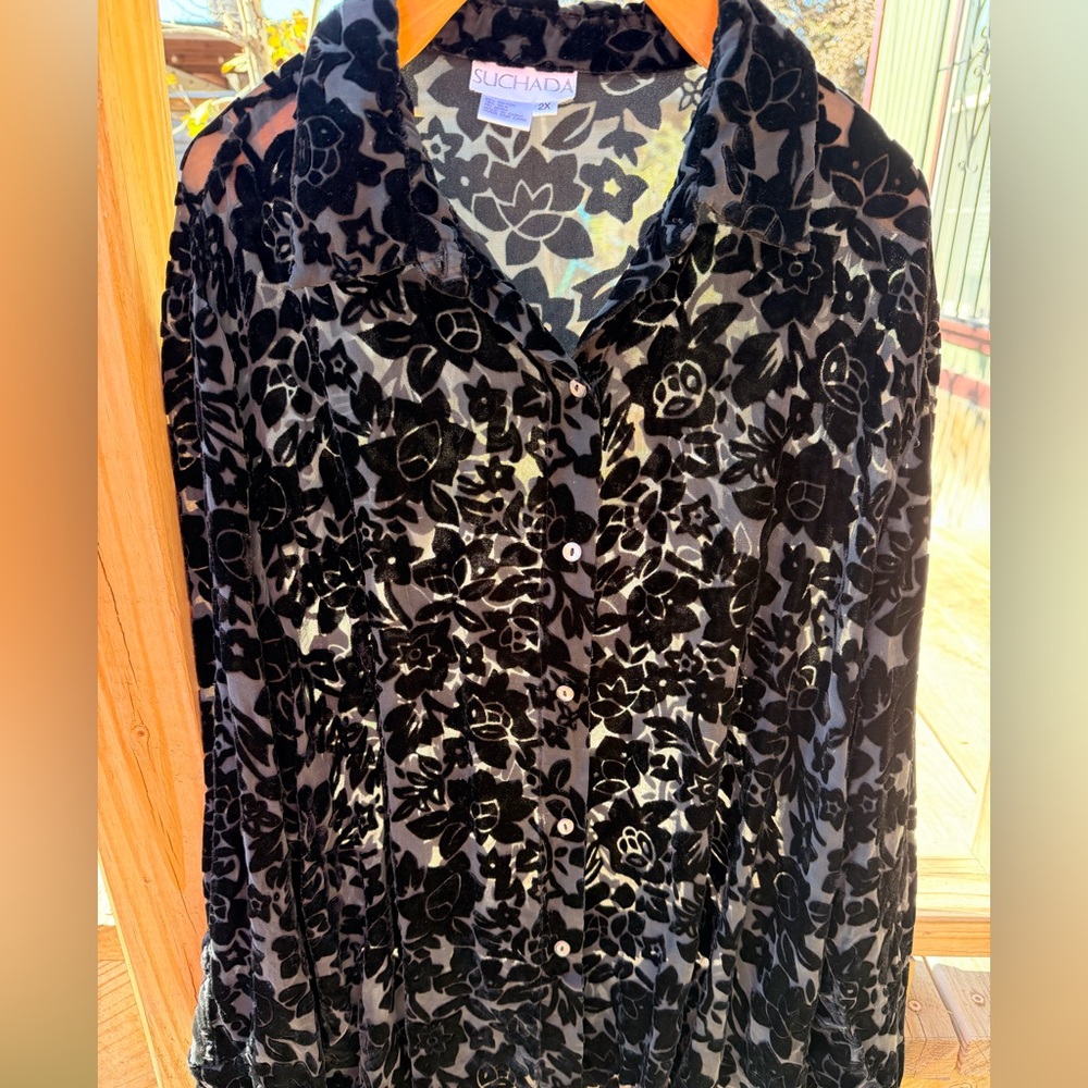 Suchada Burnout Velvet Floral Blouse‎ 2X | Sheer Boho Y2K Top Whimsygoth - Picture 7 of 9